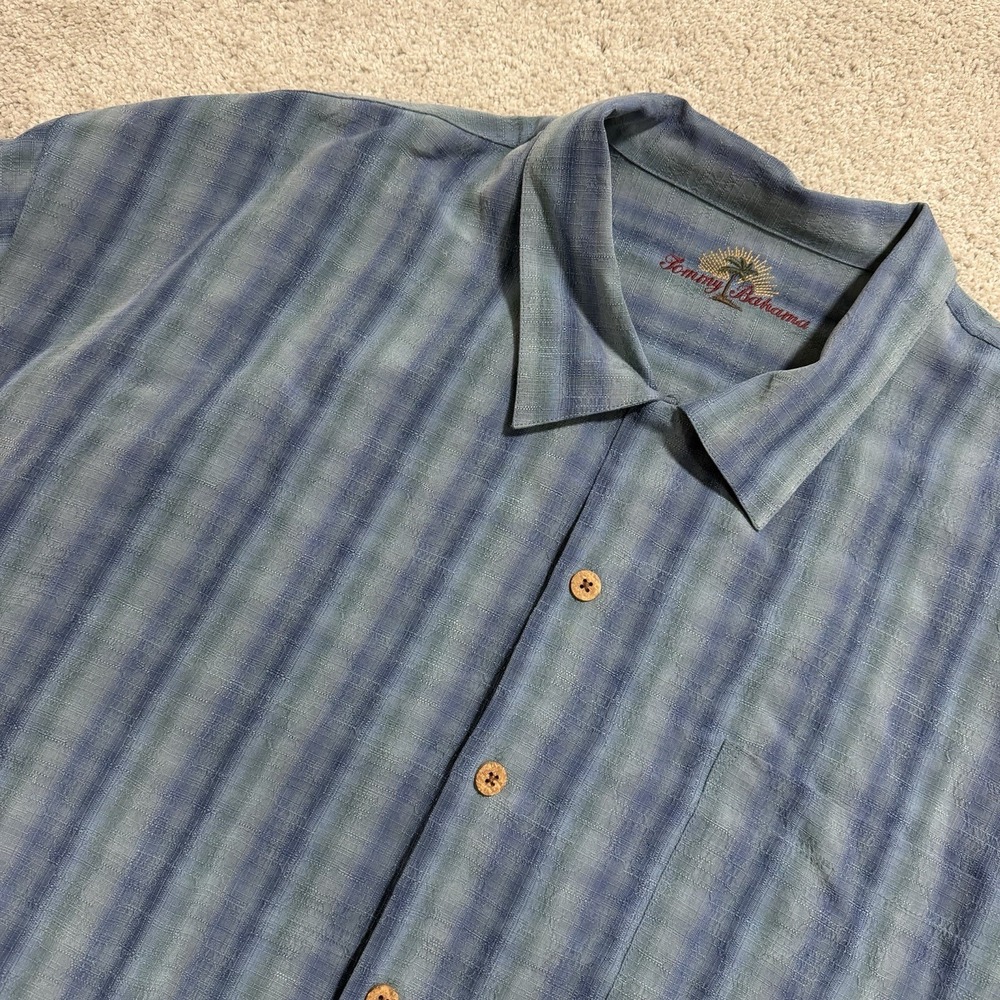 Tommy Bahama Hawaiian Shirt Mens XXL Green/Blue Striped Short Sleeve 100% Silk‎